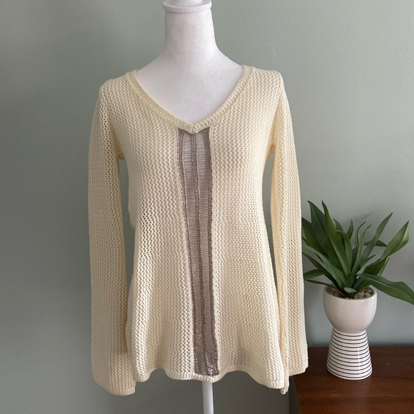 Anthropologie Moth Creamy Colored Open Weave Sweater with Coppery Detail… - Picture 2 of 8